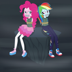 Size: 2000x2000 | Tagged: safe, artist:nie-martw-sie-o-mnie, imported from derpibooru, pinkie pie, rainbow dash, equestria girls, the lost treasure of griffonstone, bondage, bound and gagged, clothes, converse, duo, gag, leggings, rope, rope bondage, shoes, sitting, skirt, tape, tape gag