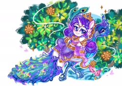 Size: 2048x1448 | Tagged: safe, artist:sonira24, imported from derpibooru, rarity, bird, peacock, pony, unicorn, bracelet, clothes, female, goddess, horn, horn jewelry, horn ring, jewelry, mare, new year, reclining, regalia, riding, ring, skirt, songkran, thai