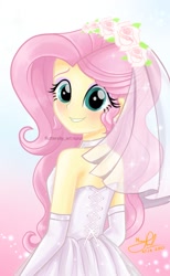 Size: 638x1036 | Tagged: safe, artist:fluttershy_art.nurul, imported from derpibooru, fluttershy, equestria girls, beautiful eyes, blushing, clothes, dream, dress, eyeshadow, fanart, flower, flower in hair, gradient background, green eyes, looking at you, makeup, marriage, marry, photo, pink hair, shy, smiling, smiling at you, solo, veil, wedding, wedding dress, wedding veil