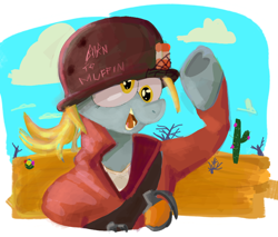 Size: 920x783 | Tagged: safe, artist:bambamsnooz, imported from derpibooru, derpy hooves, pegasus, pony, bandolier, blue sky, bullet hole, cactus, cigarette, clothes, cloud, day, derp, desert, detailed background, digital art, digital painting, graffiti, grenade, grin, helmet, hoof heart, open mouth, open smile, outdoors, popped collar, raised hoof, salute, sand, shirt, slogan, smiling, soldier (tf2), solo, team fortress 2, underhoof, undershirt, uniform, weeds, wingding eyes