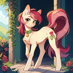 Size: 1024x1024 | Tagged: safe, imported from derpibooru, roseluck, earth pony, pony, ai content, ai generated, collar, cute, flower, fluffy, generator:pony diffusion v6 xl, generator:stable diffusion, looking at you, pet tag, pony pet, prompter:doom9454, rose, rosepet, slender, standing, thin