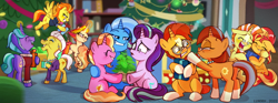 Size: 800x299 | Tagged: safe, artist:lummh, imported from ponybooru, fire flare, firelight, luster dawn, phyllis, spitfire, starlight glimmer, stellar flare, stormy flare, sunburst, sunset shimmer, trixie, earth pony, pegasus, unicorn, brother and sister, christmas, christmas tree, female, holiday, luster dawn is starlight's and sunburst's daughter, male, offspring, parent:starlight glimmer, parent:sunburst, parents:starburst, potted plant, present, siblings, sunny siblings, tree