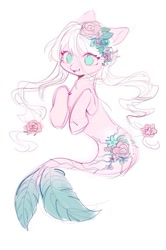 Size: 633x951 | Tagged: safe, artist:leafywind, imported from derpibooru, oc, oc only, merpony, pony, seapony (g4), dorsal fin, female, fin, fish tail, flower, flower in hair, flowing mane, flowing tail, happy, mare, open mouth, open smile, scales, simple background, smiling, solo, swimming, tail, teeth, white background