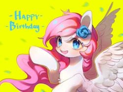 Size: 2048x1534 | Tagged: safe, artist:leafywind, imported from derpibooru, oc, oc only, pegasus, pony, chest fluff, female, flower, flower in hair, happy birthday, mare, simple background, solo, yellow background