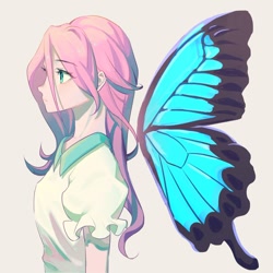 Size: 1024x1024 | Tagged: safe, artist:leafywind, imported from derpibooru, fluttershy, human, butterfly wings, female, floating wings, humanized, simple background, solo, winged humanization, wings