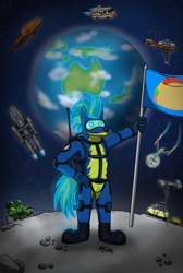 Size: 3000x4464 | Tagged: safe, artist:tacomytaco, imported from derpibooru, oc, oc only, oc:taco.m.tacoson, anthro, pegasus, pony, battlestar galactica, bipedal, boots, clothes, earth, farscape, flag, force field, gloves, goggles, male, moon, moya, mystery science theater 3000, red dwarf, shoes, solo, space, spaceballs the tag, spacesuit, standing, star trek, starbug, thunderbirds, uss enterprise