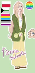 Size: 540x1096 | Tagged: safe, artist:sprong-lhama, imported from derpibooru, fluttershy, human, asexual, asexual pride flag, belly button, cardigan, clothes, cute, feet, female, green background, hair over one eye, humanized, midriff, pansexual, pansexual pride flag, polish, pride, pride flag, sandals, short shirt, shyabetes, simple background, skirt, solo