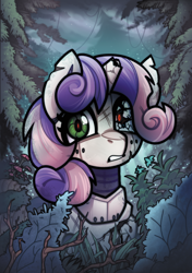Size: 1794x2554 | Tagged: safe, artist:magicstarfriends, imported from derpibooru, sweetie belle, pony, robot, robot pony, broken horn, damaged, fanfic art, forest, horn, nature, solo, sweetie bot, tree