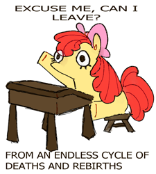 Size: 1800x2000 | Tagged: safe, artist:i-am-cholera, imported from derpibooru, apple bloom, earth pony, pony, chair, desk, existential crisis, female, filly, foal, meme, raised hoof, school desk, simple background, sitting, solo, text, white background