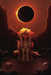 Size: 3962x5862 | Tagged: safe, artist:viryav, imported from derpibooru, oc, oc only, pegasus, pony, armor, armored pony, background, chair, chaos, complex background, dark background, destroyed wall, eclipse, female, fire, knife, mare, messy, red sky, solo, stone, table, wooden floor