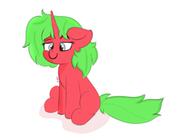 Size: 2000x1500 | Tagged: safe, artist:bazza, imported from derpibooru, oc, oc only, oc:dinky, pony, unicorn, blank flank, blue eyes, commission, floppy ears, green hair, green mane, horn, paint tool sai, red coat, red fur, simple background, sitting, smiling, unicorn oc, white background, ych result