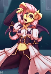Size: 3800x5500 | Tagged: safe, artist:shadowreindeer, imported from derpibooru, fluttershy, anthro, bat pony, pony, bat ponified, clothes, costume, crossover, flutterbat, fruit, gushing over magical girls, hiiragi utena, race swap, solo