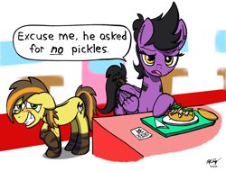 Size: 1250x950 | Tagged: safe, artist:ebbysharp, imported from derpibooru, oc, oc only, oc:aiexos, oc:desert sun, earth pony, pegasus, pony, asked for no pickles, female, food, male, mare, sandwich, stallion