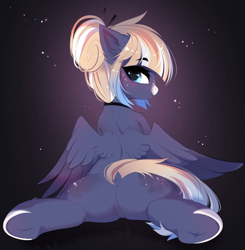 Size: 3412x3476 | Tagged: safe, artist:empress-twilight, imported from derpibooru, oc, oc only, oc:kimono silk, pegasus, pony, butt, choker, coat markings, commission, cute, dock, eyebrows, eyebrows visible through hair, featureless crotch, female, freckles, gradient mane, hair bun, high res, looking at you, looking back, looking back at you, mare, pegasus oc, plot, smiling, smiling at you, spread wings, tail, underhoof, wings, ych result