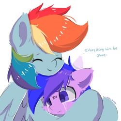 Size: 1000x1000 | Tagged: safe, artist:comfort_ponies, imported from derpibooru, rainbow dash, oc, pegasus, pony, crying, cute, duo, duo female, eyes closed, eyes open, female, hug, mare, positive ponies, simple background, smiling, text