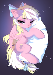 Size: 2871x4044 | Tagged: safe, artist:empress-twilight, imported from derpibooru, oc, oc only, oc:bay breeze, pegasus, pony, bow, commission, cute, ear fluff, eyebrows, eyebrows visible through hair, female, hair bow, hug, lidded eyes, mare, ocbetes, one eye closed, partially open wings, pegasus oc, pillow, pillow hug, sleepy, tail, tail bow, wings, ych result