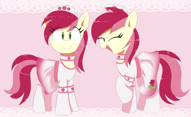 Size: 3092x1895 | Tagged: safe, artist:spoonie, roseluck, earth pony, pony, choker, clothes, featured image, female, hat, lace, maid, mare, one eye closed, open mouth, pink background, raised hoof, simple background, smiling, smiling at you, socks, solo, wink, winking at you