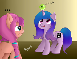 Size: 3400x2600 | Tagged: safe, artist:bitelstar, imported from twibooru, izzy moonbow, sunny starscout, bee, earth pony, insect, pony, unicorn, ..., braid, censored cutie mark, dialogue, dlc, female, frown, g5, help, image, izzy's tennis ball, looking up, mare, open mouth, open smile, png, tail, tennis ball