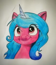 Size: 1204x1415 | Tagged: safe, artist:bitelstar, imported from twibooru, izzy moonbow, pony, unicorn, bust, female, g5, image, mare, needs more jpeg, portrait, simple background, smiling, solo, traditional art, white background