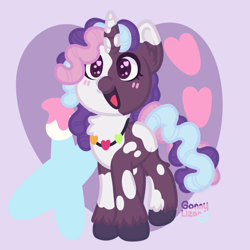 Size: 1000x1000 | Tagged: safe, artist:gonthelizard, imported from derpibooru, pony, unicorn, 2024, blush lines, blushing, chest fluff, dreadlocks, female, filly, foal, g5, heart, heart eyes, horn, jewelry, necklace, open mouth, open smile, signature, smiling, solo, starry eyes, tail, unshorn fetlocks, violette rainbow, vitiligo, wingding eyes