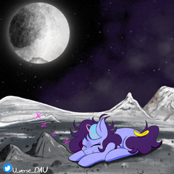 Size: 3072x3072 | Tagged: safe, artist:juniverse, imported from derpibooru, pluto, oc, oc:juniverse, earth pony, pony, colored, dwarf planet, female, icy floor, mare, on the moon, onomatopoeia, rocky planet, satellite, scenery, sleeping, solo, sound effects, space, space pony, stars, zzz