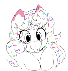 Size: 862x895 | Tagged: safe, artist:higgly-chan, imported from derpibooru, oc, oc only, oc:donut daydream, pony, unicorn, :p, donut, food, horn, horn impalement, simple background, solo, tongue out, unicorn oc, white background