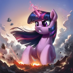 Size: 1024x1024 | Tagged: safe, imported from derpibooru, twilight sparkle, pony, unicorn, ai content, ai generated, cloud, destruction, explosion, generator:pony diffusion v6 xl, generator:stable diffusion, giant pony, glowing, glowing horn, gritted teeth, horn, macro, solo, sternocleidomastoid, teeth, unicorn twilight