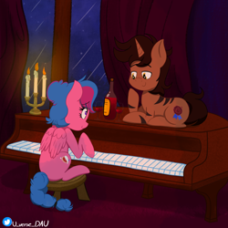 Size: 3072x3072 | Tagged: safe, artist:juniverse, imported from derpibooru, oc, oc only, oc:grapefruit frost, oc:lighty, pegasus, unicorn, colored, commission, date, grand piano, horn, playing piano