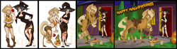 Size: 1214x338 | Tagged: safe, artist:quelico, imported from derpibooru, applejack, oc, earth pony, human, pony, apple, breasts, candle, cleavage, clothes, comic, costume, dress, duo, duo female, female, food, front knot midriff, garter, glasses, halloween, halloween costume, hat, hoers, holiday, hooves, house, human female, human to pony, jack-o-lantern, light skin, mare, midriff, night, pumpkin, rearing, saddle, shorts, tack, text, transformation, transformation sequence, transforming clothes, trick or treat, watermark, witch, witch hat