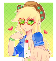 Size: 692x756 | Tagged: safe, artist:sanshuiyiwang, imported from derpibooru, applejack, human, equestria girls, equestria girls series, spoiler:choose your own ending (season 2), spoiler:eqg series (season 2), applejack's festival hat, applejack's sunglasses, bust, gradient background, heart, humanized, looking at you, music festival outfit, patterned background, portrait, solo, sunglasses