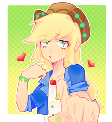 Size: 692x756 | Tagged: safe, alternate version, artist:sanshuiyiwang, imported from derpibooru, applejack, human, equestria girls, equestria girls series, spoiler:choose your own ending (season 2), spoiler:eqg series (season 2), applejack's festival hat, bust, gradient background, heart, humanized, looking at you, music festival outfit, patterned background, portrait, solo