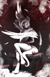 Size: 693x1053 | Tagged: safe, imported from derpibooru, fluttershy, anthro, pegasus, apple, bench, bust, crossed legs, feather, female, food, nudity, portrait, sitting, wings