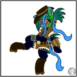 Size: 2000x2000 | Tagged: safe, artist:dice-warwick, imported from derpibooru, oc, oc only, oc:tapper tablature, original species, pony, fallout equestria, fallout equestria: dance of the orthrus, beauty mark, belts, bodysuit, boots, bullet, clothes, ear piercing, eyebrow piercing, eyebrows, fanfic art, female, glasses, gloves, hat, jacket, leather, leather jacket, long gloves, mare, mirage pony, piercing, pipbuck, shoes, simple background, socks, thigh highs, transparent background