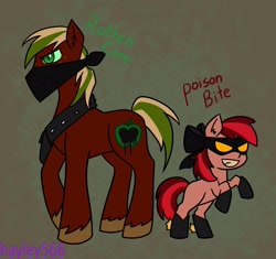 Size: 2306x2170 | Tagged: safe, artist:hayley5662, imported from derpibooru, apple bloom, big macintosh, earth pony, pony, abstract background, boots, clothes, domino mask, face mask, female, filly, foal, green eyes, grin, male, mask, nightmarified, raised hooves, shoes, smiling, stallion, text