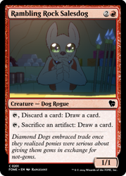 Size: 375x523 | Tagged: safe, artist:rangelost, edit, imported from derpibooru, diamond dog, ccg, d20 pony, magic the gathering, shop, shopkeeper, spear, trading card, trading card edit, trading card game, weapon