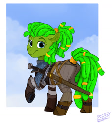 Size: 1280x1401 | Tagged: safe, artist:rutkotka, imported from derpibooru, oc, oc only, earth pony, pony, armor, boots, clothes, crossover, dreadlocks, ear fluff, earth pony oc, female, looking at you, mare, ponytail, raised hoof, shoes, smiling, smiling at you, solo, sword, tail, tail wrap, the witcher, weapon