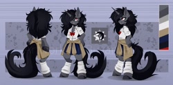 Size: 4096x2019 | Tagged: safe, artist:buvanybu, imported from derpibooru, oc, oc only, semi-anthro, unicorn, clothes, commission, cutie mark, ear piercing, horn, leg warmers, piercing, reference sheet, shirt, skirt, solo, unicorn oc, watermark