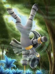 Size: 1024x1366 | Tagged: safe, artist:novaintellus, imported from derpibooru, zecora, zebra, balancing, everfree forest, eyes closed, female, forest, meditating, nature, scenery, solo, tree, upside down