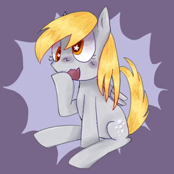 Size: 1280x1280 | Tagged: safe, imported from derpibooru, derpy hooves, pegasus, pony, colored, cute, female, open mouth, purple background, raised hoof, simple background, sitting, solo, starry eyes, wingding eyes