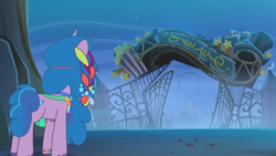 Size: 1920x1080 | Tagged: safe, imported from derpibooru, screencap, izzy moonbow, pony, unicorn, spoiler:g5, spoiler:my little pony: tell your tale, spoiler:tyts02e00, abandoned, amusement park, female, g5, gate, horn, mare, my little pony: tell your tale, solo, the blockywockys