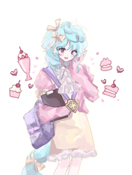 Size: 1895x2513 | Tagged: safe, artist:yisuya280, imported from derpibooru, cozy glow, human, backpack, blouse, blushing, cake, clipboard, clothes, cupcake, dress, food, heart, humanized, looking at you, open mouth, simple background, solo, tail, tailed humanization, white background