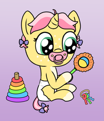 Size: 1287x1500 | Tagged: safe, artist:cleverround, imported from derpibooru, oc, oc only, oc:crafty circles, pony, unicorn, baby, baby pony, bow, coat markings, cute, diaper, female, filly, foal, freckles, gradient background, hair bow, holding, horn, jewelry, key, pacifier, rattle, ring, short hair, sitting, socks (coat markings), solo, toy