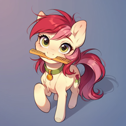 Size: 1024x1024 | Tagged: safe, imported from derpibooru, roseluck, pony, ai content, ai generated, brush, collar, cute, fluffy, generator:pony diffusion v6 xl, generator:stable diffusion, gradient background, hairbrush, looking at you, messy mane, mouth hold, pet tag, pony pet, prompter:doom9454, rosepet, solo, standing