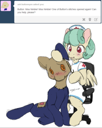 Size: 636x800 | Tagged: safe, artist:asknursenimble, imported from derpibooru, oc, oc only, oc:button eyes, oc:nurse nimble, pegasus, pony, chair, mouth hold, tumblr:ask nurse nimble