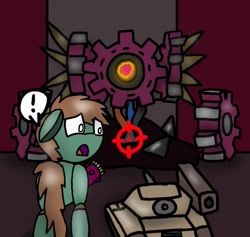 Size: 629x596 | Tagged: safe, artist:foxfer64_yt, imported from derpibooru, oc, oc:goldheart, pony, robot, robot pony, arm cannon, exclamation point, gears, junk, looking down, scared, tank (vehicle), target