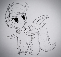 Size: 2259x2117 | Tagged: safe, artist:bitelstar, imported from twibooru, scootaloo, pegasus, pony, clothes, eyebrows, female, filly, image, monochrome, png, scott pilgrim, shirt, simple background, sketch, smiling, solo, spread wings, sweater, tail, white background, wings, wip