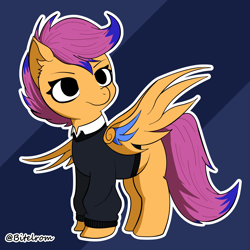 Size: 4096x4096 | Tagged: safe, artist:bitelstar, imported from twibooru, scootaloo, pegasus, pony, clothes, eyebrows, female, filly, image, png, scott pilgrim, shirt, simple background, smiling, solo, spread wings, sweater, tail, wings