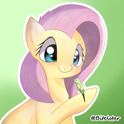 Size: 4096x4096 | Tagged: safe, artist:bitelstar, imported from twibooru, fluttershy, bird, pegasus, pony, budgie, bust, cute, gradient background, image, looking down, png, raised hoof, shyabetes, smiling