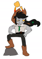 Size: 1374x1952 | Tagged: safe, artist:ohmeiios, imported from derpibooru, applejack, applejack's hat, boots, clothes, cowboy hat, female, hat, homestuck, race swap, rock, shoes, simple background, solo, troll (homestuck), white background