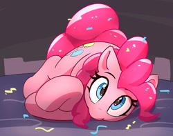 Size: 3404x2678 | Tagged: safe, artist:pabbley, imported from derpibooru, pinkie pie, earth pony, pony, bed, confetti, female, looking at you, lying down, solo
